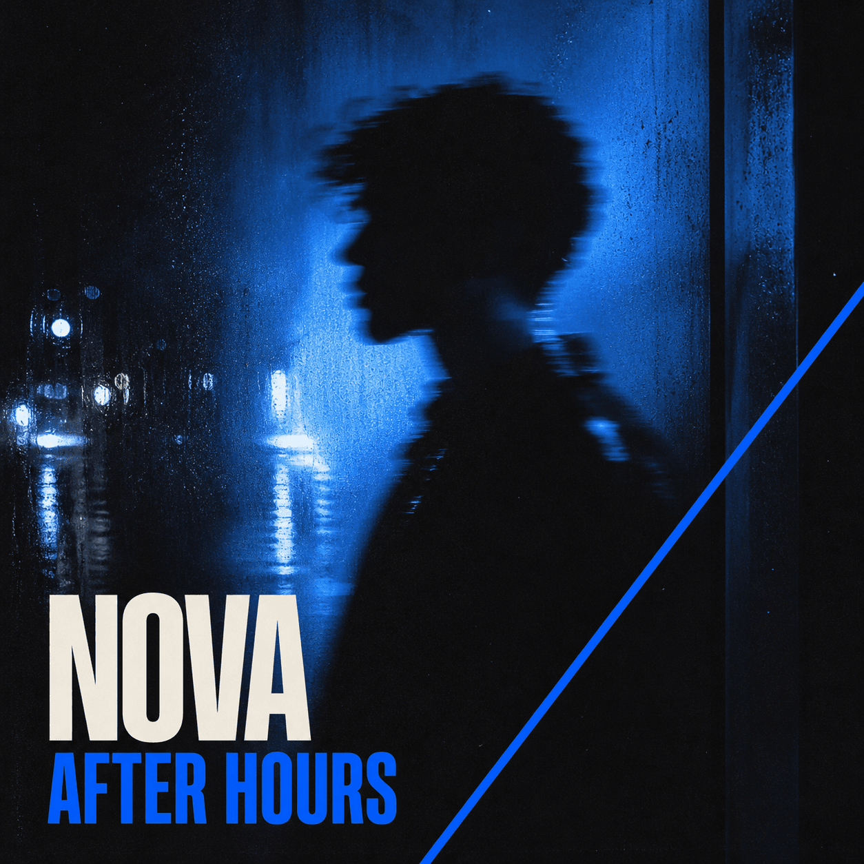 Portada conceptual de NOVA — After Hours en azul eléctrico sobre una escena nocturna